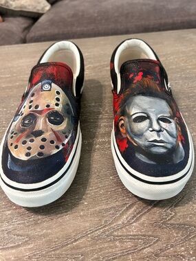 Men's HAND PAINTED Vans size 10.5 
Inspired by horror movies Michael Myers/jason